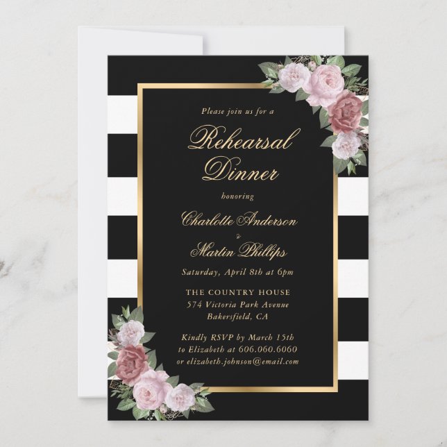 Invitation Élégant Black Gold Blush Floral Dîner de répétitio (Devant)
