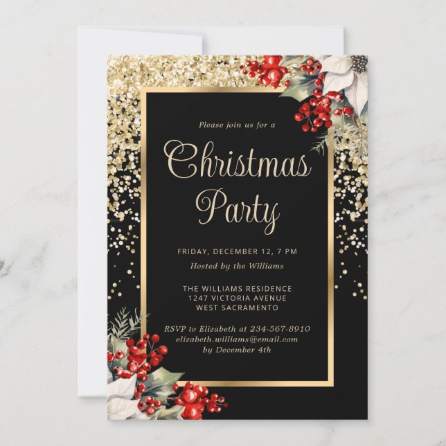Invitation Elegant Black Gold Botanical Christmas Party (Devant)