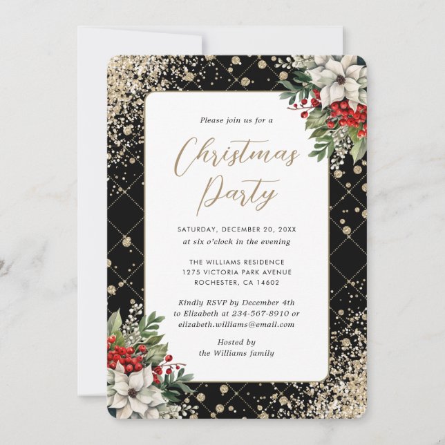 Invitation Elegant Black Gold Botanical Christmas Party (Devant)