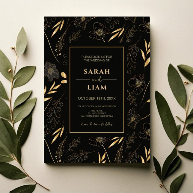 Invitation Elégant Black Gold Floral Luxe Romantique Mariage (Créateur téléchargé)