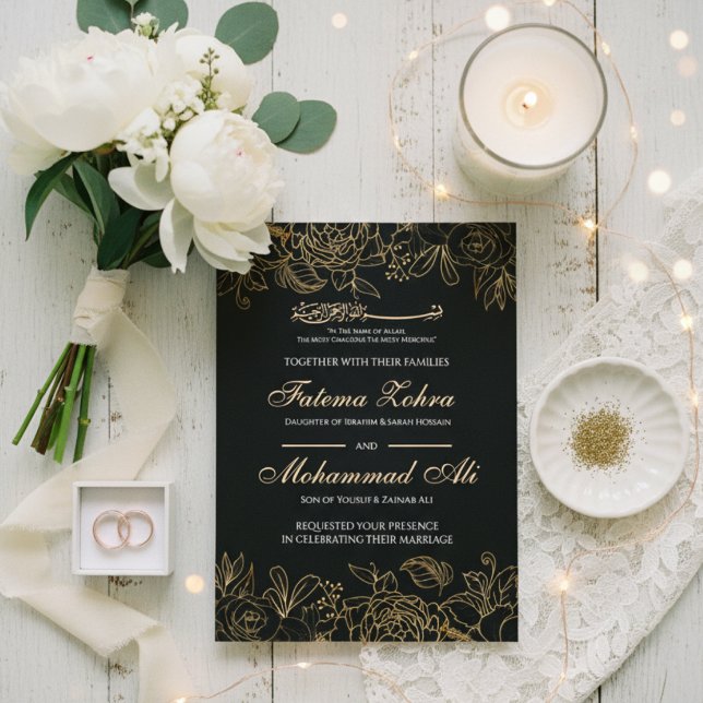 Invitation Elegant Black Gold Floral Muslim Wedding Nikah (Créateur téléchargé)