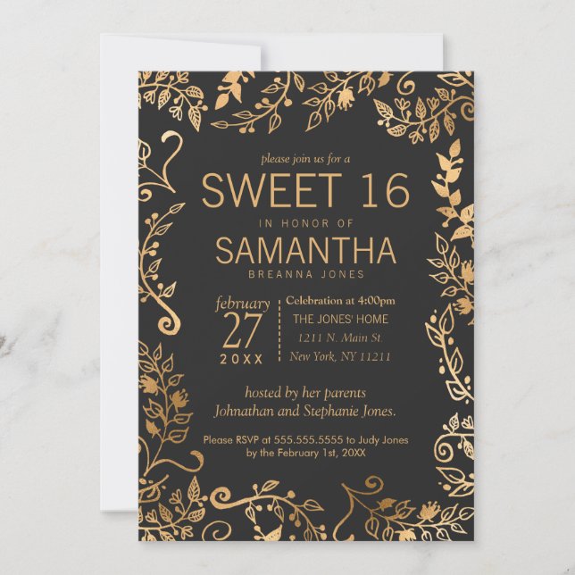 Invitation Élégant Black Gold Floral Sweet 16 (Devant)