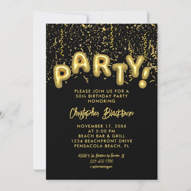 Invitation Élégant Black & Gold Foil Balloon 50e anniversaire (Devant)