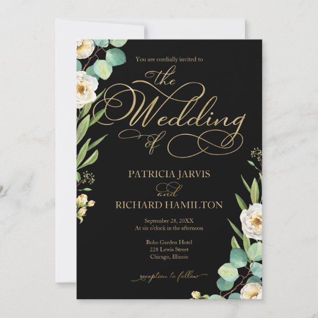 Invitation Élégant Black Gold Foil Script Mariage de verdure (Devant)