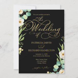 Invitation Élégant Black Gold Foil Script Mariage de verdure