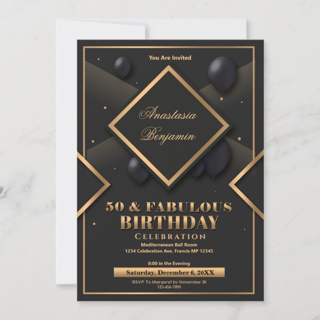 Invitation Elégant Black Gold Géométrique fête d'anniversaire (Devant)