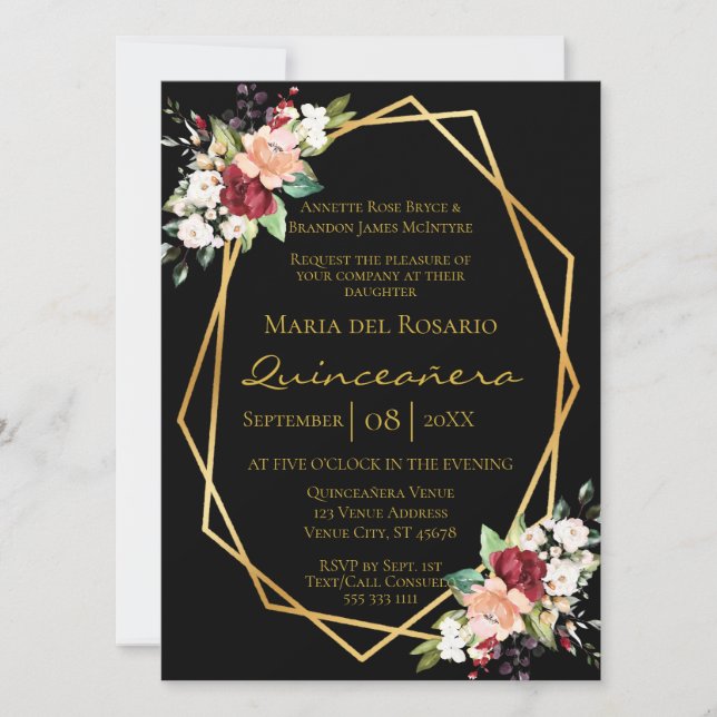 Invitation Elégant Black Gold Géométrique Floral Quinceañera (Devant)