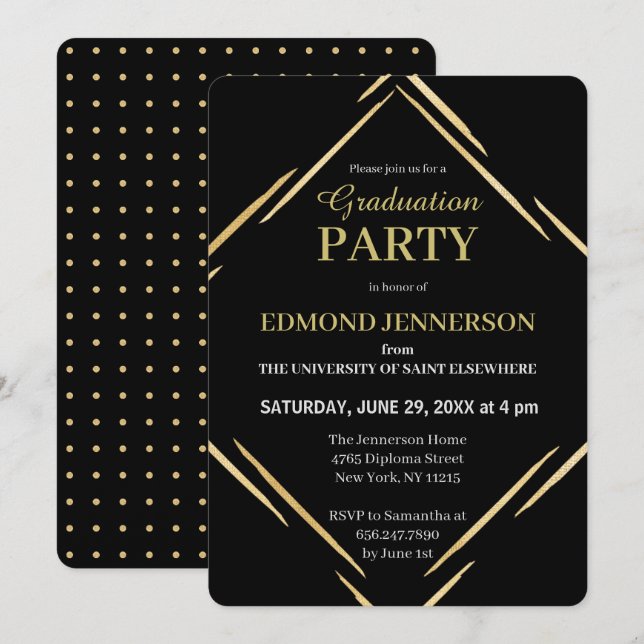 Invitation Elégant Black Gold Geometry 2025 Graduation Party (Devant / Derrière)