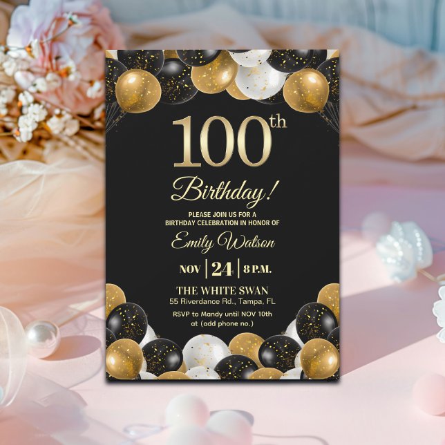Invitation Elegant Black Gold Glitter 100th Birthday  (Créateur téléchargé)