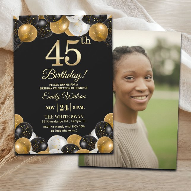 Invitation Elegant Black Gold Glitter 45th Birthday Photo (Créateur téléchargé)