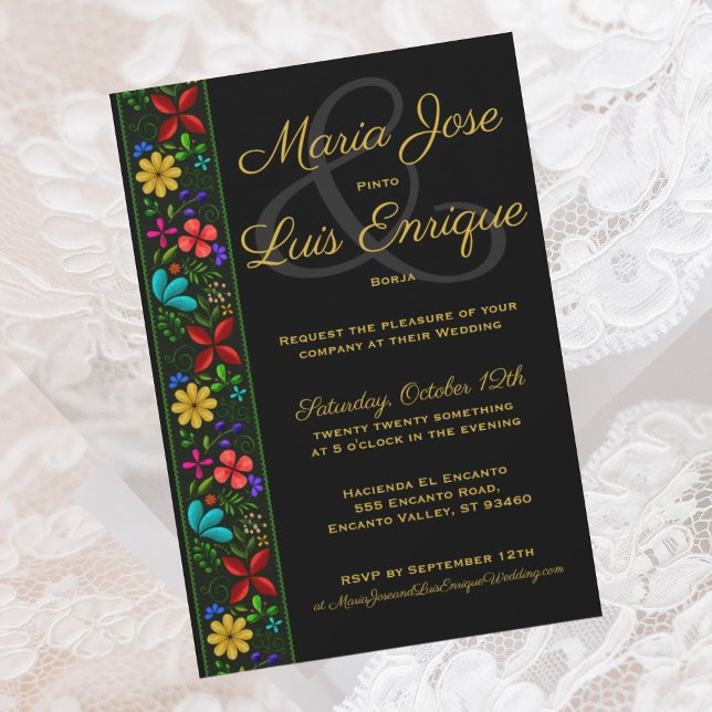 Invitation Élégant Black Gold Latin Folk Floral Mariage (Créateur téléchargé)