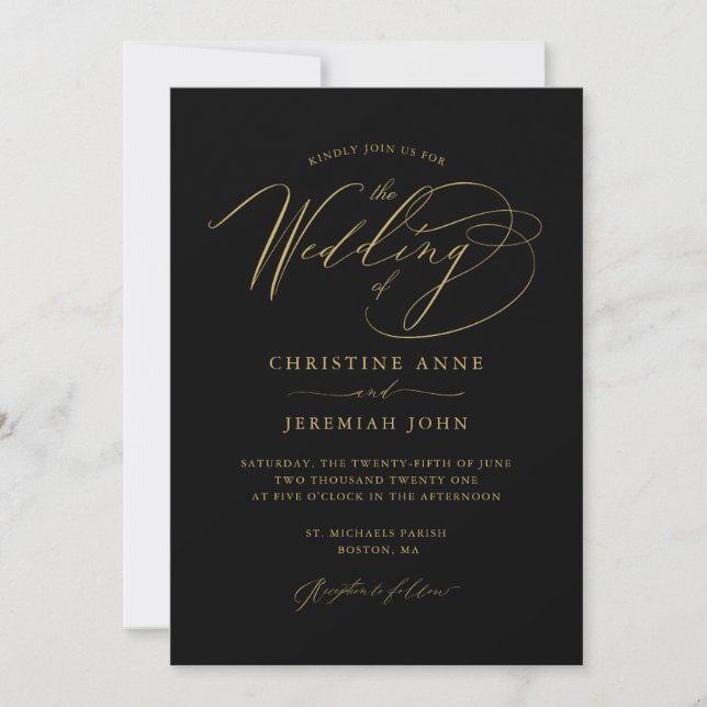 Invitation Elégant Black Gold Modern Script Mariage Invitatia (Devant)