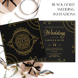 Invitation Élégant Black Gold Ornate Vintage MARIAGE