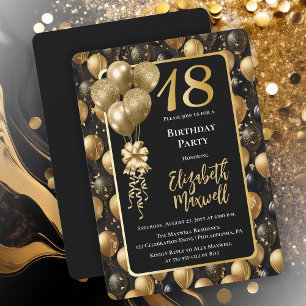 Invitation Elégant Black Gold Parties scintillant Ballons 18e