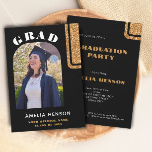 Invitation Elégant Black Gold Parties scintillant Grad Photo