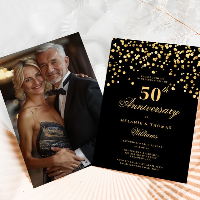 Invitation Elégant Black Gold Photo 50e anniversaire de Maria (Créateur téléchargé)