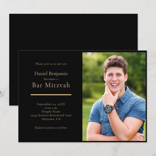 Invitation Elégant Black Gold Photo Bar Mitzvah (Devant / Derrière)