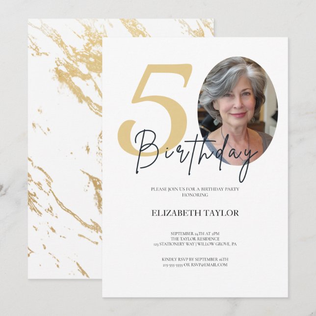 Invitation Elégant Black Gold Photo personnalisée 50e anniver (Devant / Derrière)