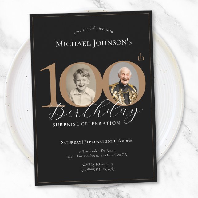Invitation Elégant Black Gold Photo Surprise 100e anniversair (Elegant Black Gold Photo Surprise 100th Birthday Invitation)