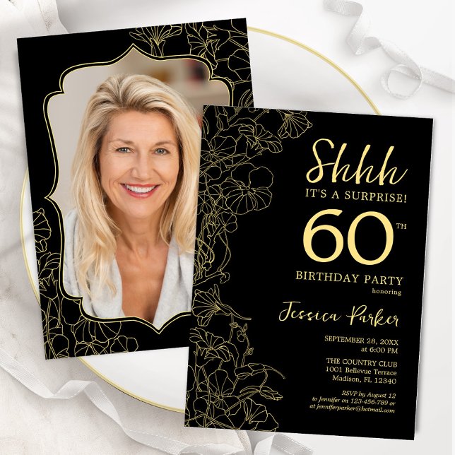 Invitation Elégant Black Gold Photo Surprise 60e anniversaire (Créateur téléchargé)