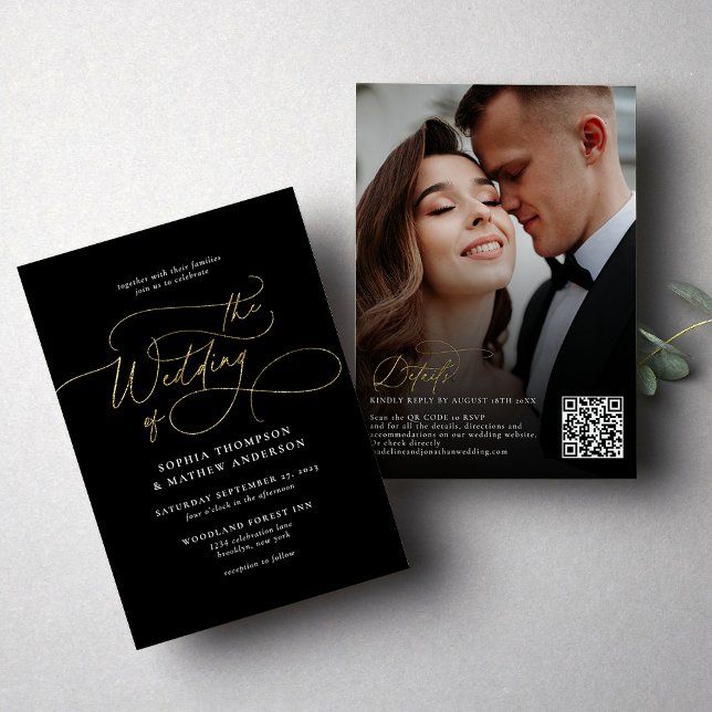 Invitation Elégant Black Gold QR Code Rsvp Tout en un Mariage (Créateur téléchargé)