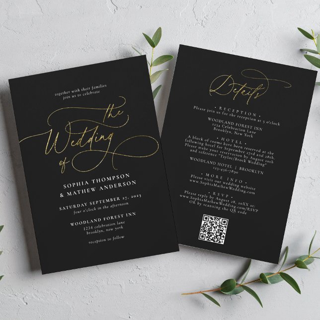 Invitation Elégant Black Gold QR Code Tout en un Mariage (Créateur téléchargé)