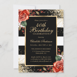 Invitation Elégant Black Gold Red Roses 40e anniversaire