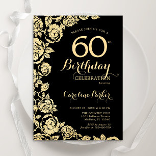 Invitation Elégant Black Gold Roses 60e fête d'anniversaire