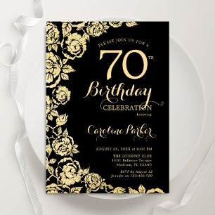 Invitation Elégant Black Gold Roses 70e fête d'anniversaire