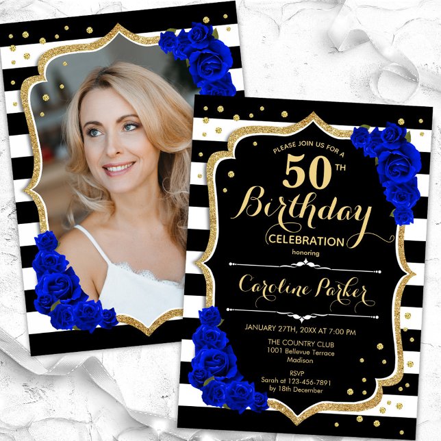 Invitation Elégant Black Gold Royal Blue Photo 50e anniversai (Créateur téléchargé)