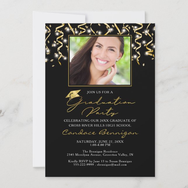 Invitation Élégant Black Gold Script Confetti Graduate Invita (Devant)