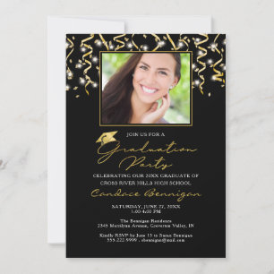 Invitation Élégant Black Gold Script Confetti Graduate Invita
