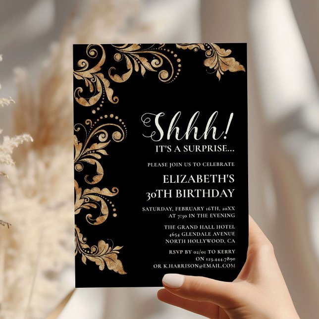 Invitation Elégant Black & Gold Shhh Surprise Party Anniversa (Créateur téléchargé)