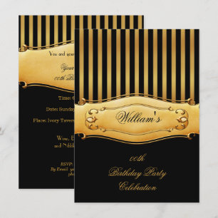 Invitation Élégant Black Gold Stripe Anniversaire Party Homme
