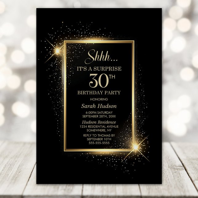 Invitation Elégant Black Gold Surprise 30e fête d'anniversair (Créateur téléchargé)
