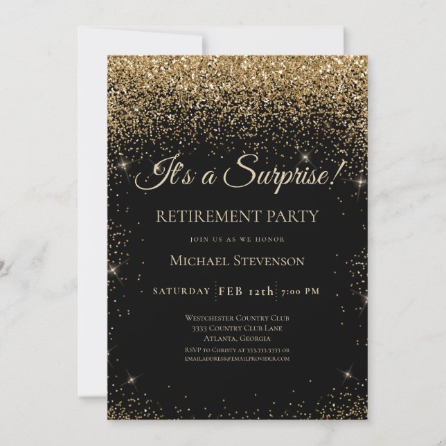 Invitation Élégant Black Gold Surprise Retraite Party (Devant)