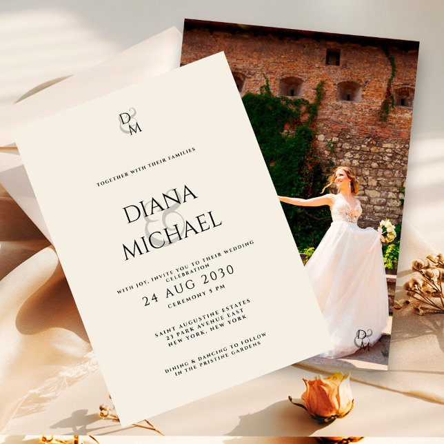 Invitation Elegant Black & Ivory Monogram Wedding Photo (Créateur téléchargé)