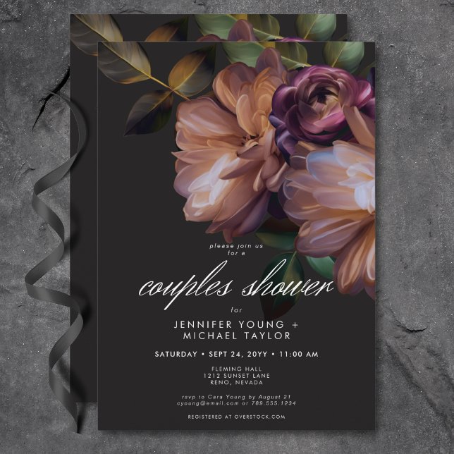 Invitation Elégant Black Moody Couples Floral Douche (Elegant Black Moody Floral Couples Shower Invitation)