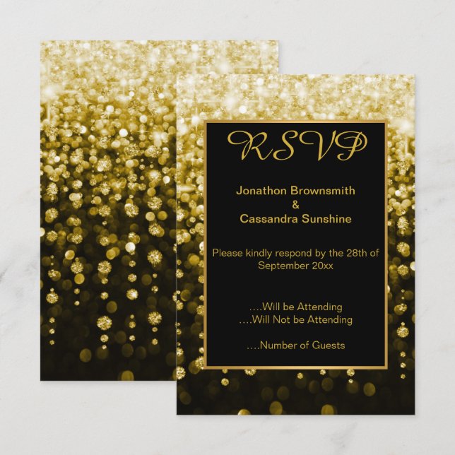 INVITATION ELEGANT BLACK OR DIAMANT WATERFALL RSVP (Devant / Derrière)