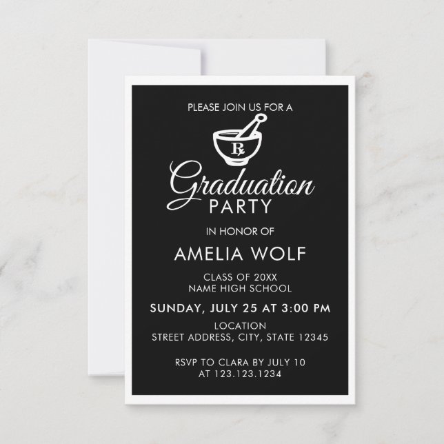 Invitation Élégant Black Pharmacien Parti de Graduation (Devant)