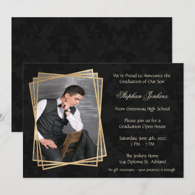 Invitation Élégant Black Photo Party Graduation (Devant / Derrière)