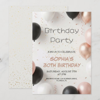 Invitation Elegant Black Pink Balloon Party