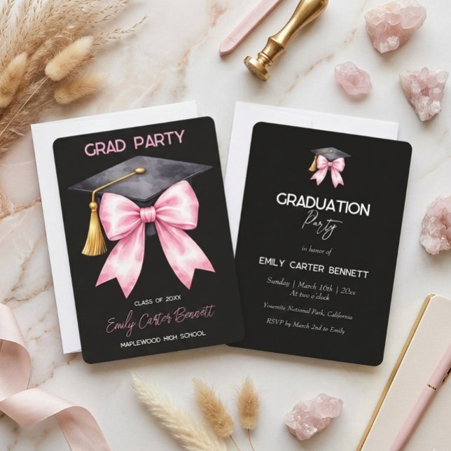 Invitation Elegant Black Pink Coquette Bow Graduation (Créateur téléchargé)