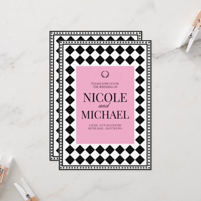 Invitation Elegant Black &Pink Diamond Pattern Wedding  (Devant/Arrière en situation)