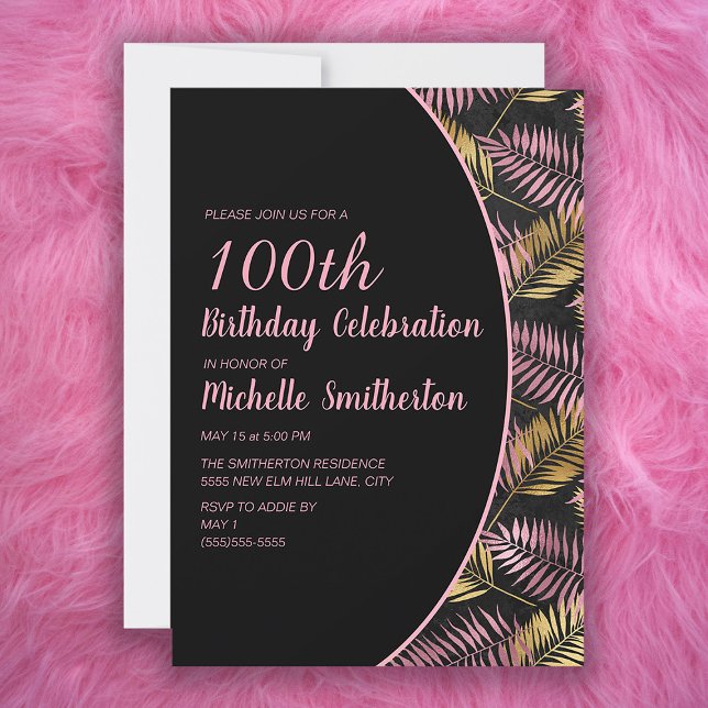 Invitation Elégant Black Pink Gold 100e anniversaire (Créateur téléchargé)