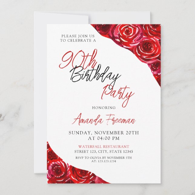 Invitation Elégant Black & Red Rose 90e anniversaire (Devant)
