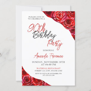 Invitation Elégant Black & Red Rose 90e anniversaire