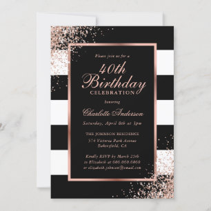 Invitation Elégant Black Rose Gold Confetti 40e anniversaire