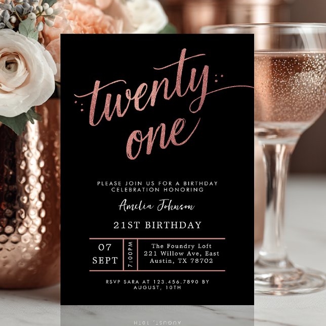 Invitation Elegant Black & Rose Gold Script 21st Birthday (rose gold twenty one birthday invite)