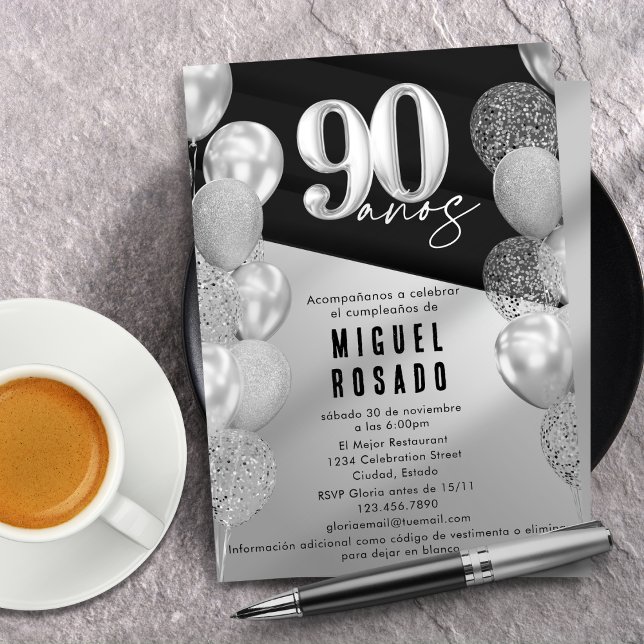 Invitation Elégant Black Silver Balloons 90e anniversaire fêt (Créateur téléchargé)